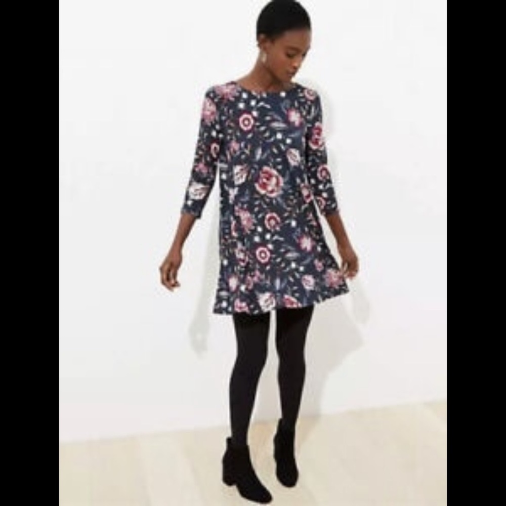 Loft Long Sleeve Mini Dress Floral Bow Back Swing Coastal‎ Grey Red